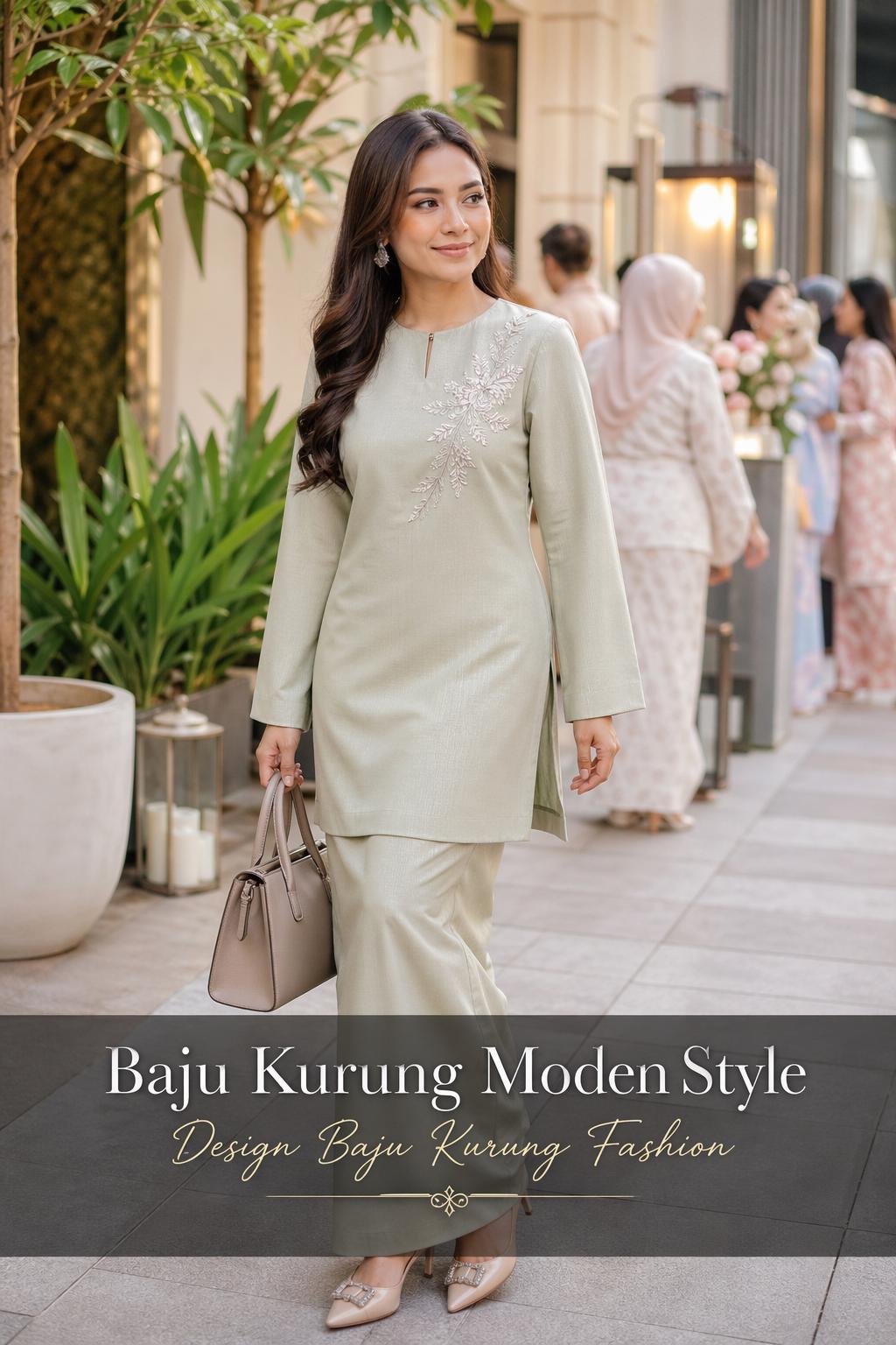 Stylish woman in baju kurung moden style walking at a refined daytime outdoor gathering