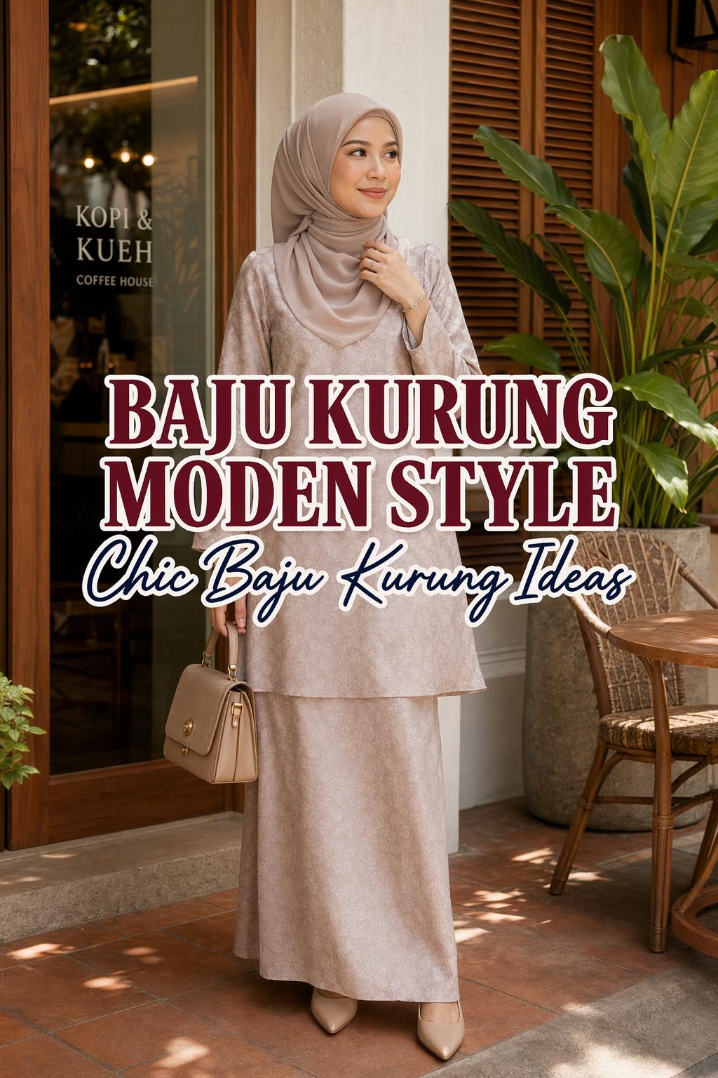 Modern Malay woman in baju kurung moden style at a warm café street in elegant golden-hour light