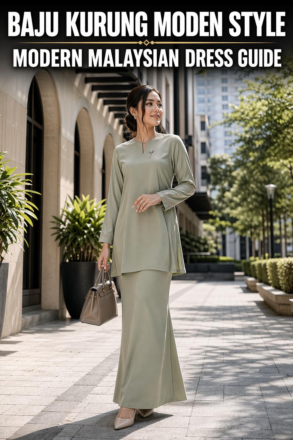 Woman wearing baju kurung moden style in a graceful modern portrait