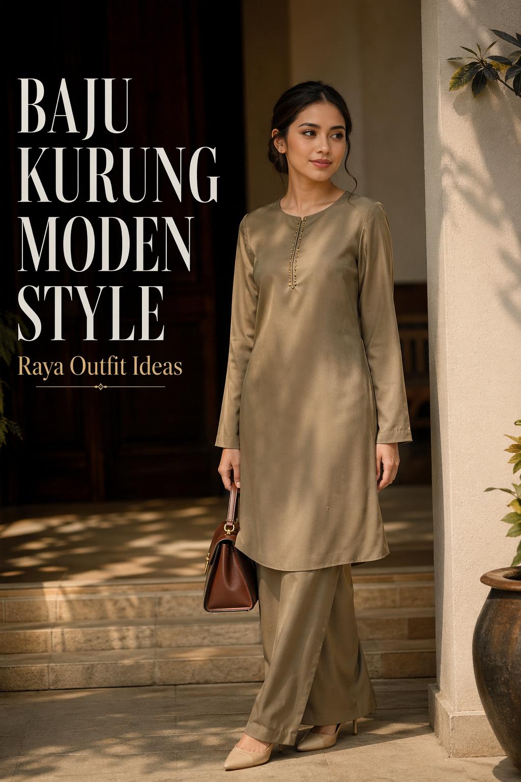 Elegant woman in baju kurung moden style on a sunlit veranda with refined Raya outfit styling