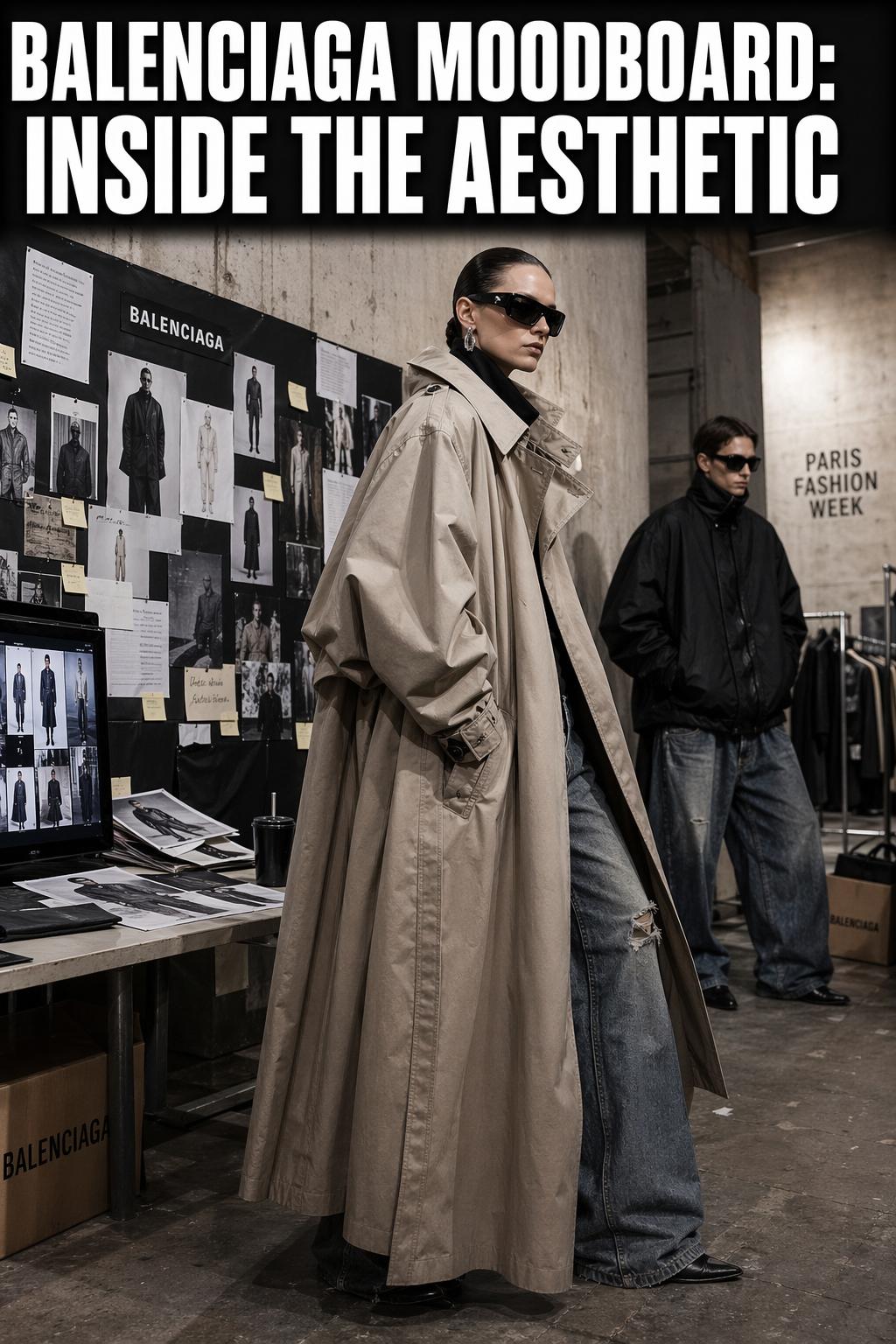 Balenciaga moodboard featuring monochrome fashion textures, tailoring details, and editorial inspiration