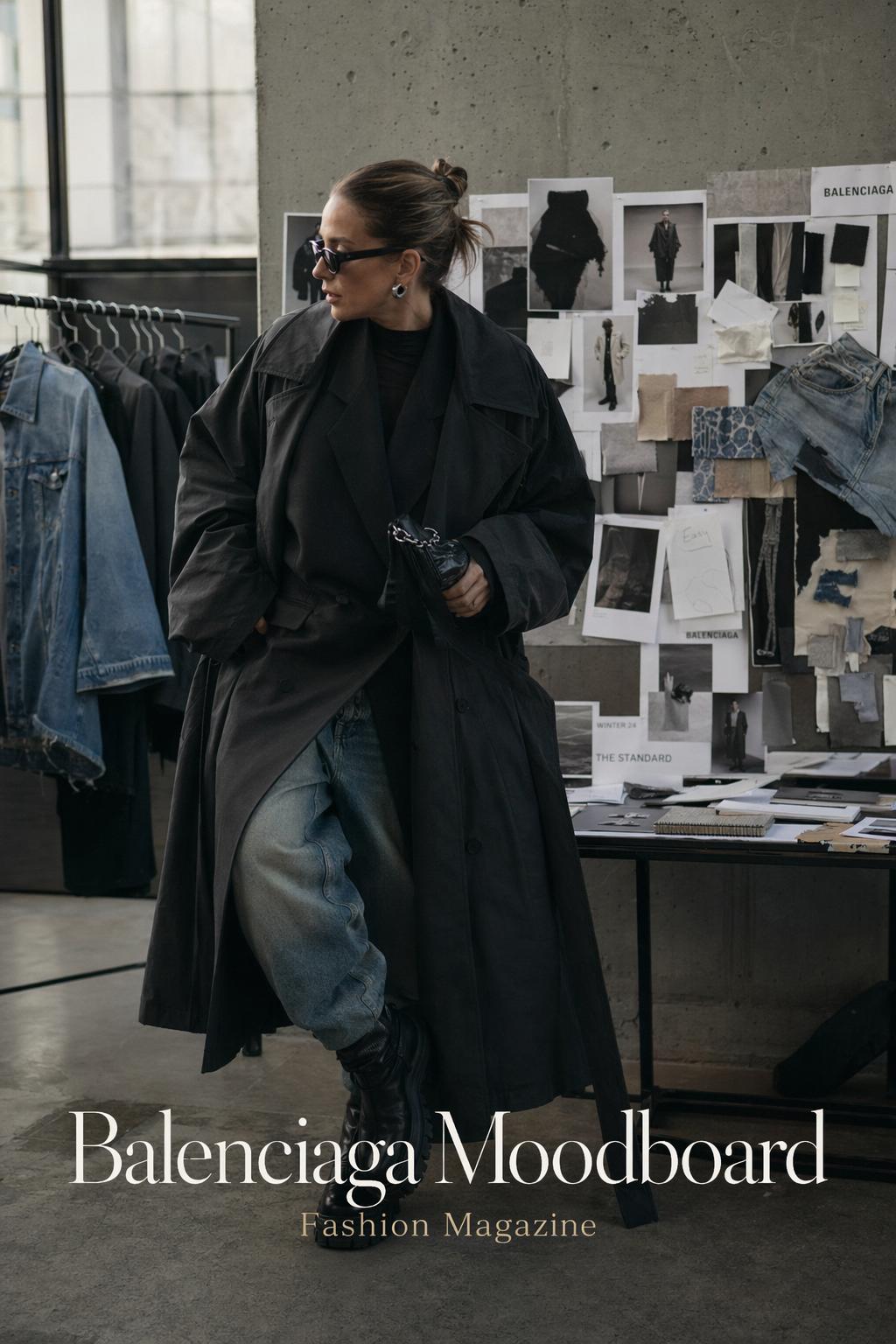 Balenciaga moodboard editorial fashion scene outside a brutalist venue with stylist in black trench coat