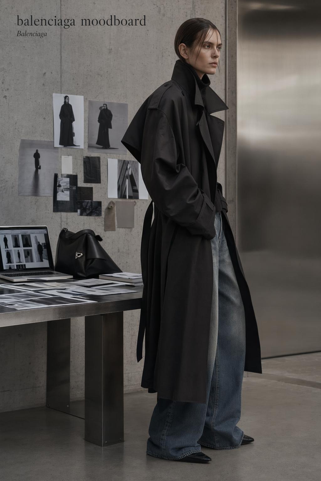 Balenciaga moodboard editorial scene with dark trench coat, denim, and minimalist fashion studio styling