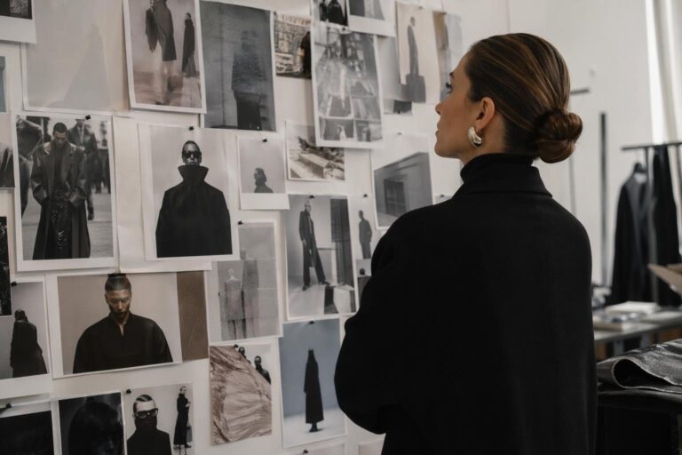 Balenciaga moodboard with dark runway looks, oversized silhouettes, textures, and Paris fashion editorial references