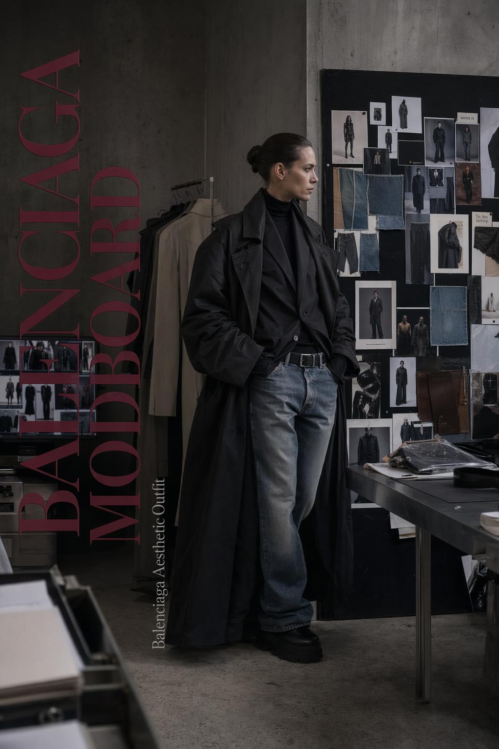 Balenciaga moodboard fashion editorial in a brutalist Paris studio with oversized trench coat and denim