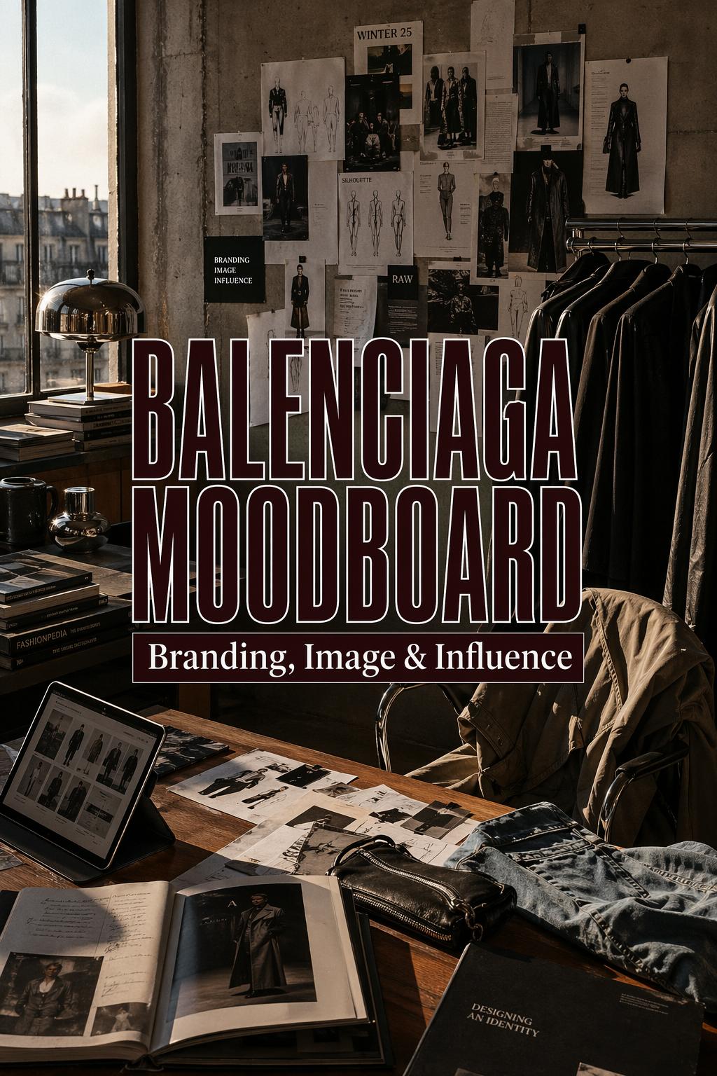 Balenciaga moodboard in a Paris fashion studio with editorial clippings, trench coat, denim, and golden-hour light