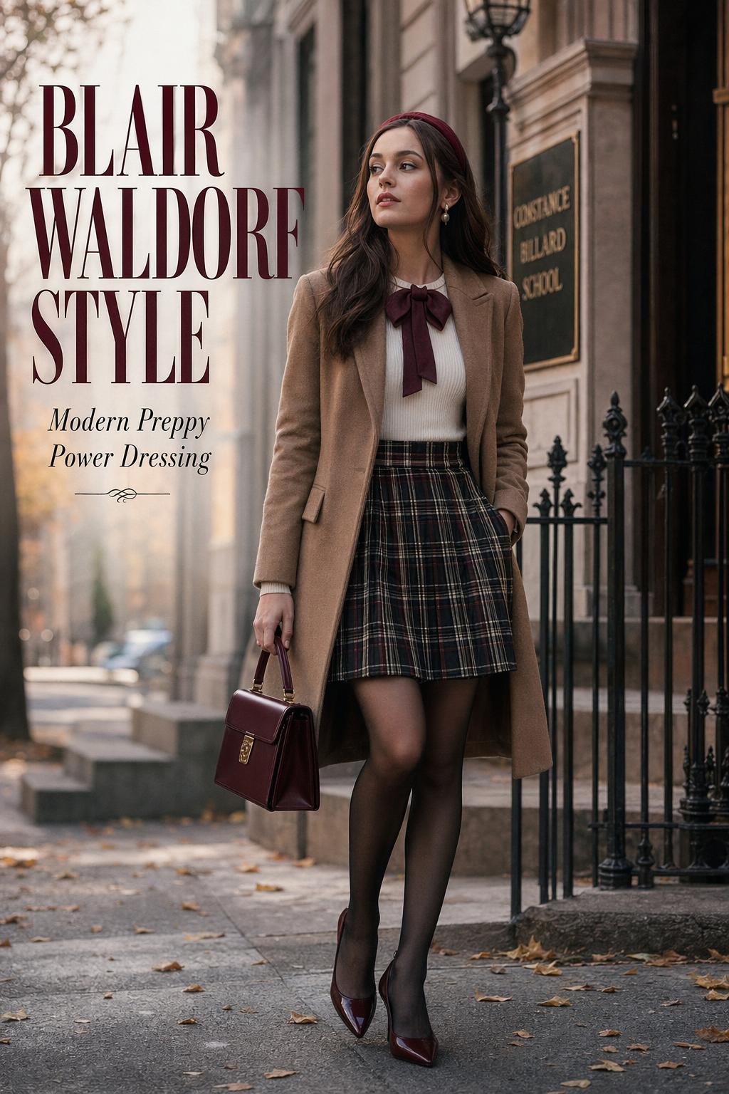 Blair Waldorf style on a polished woman walking a chic Manhattan fall street in a preppy editorial look