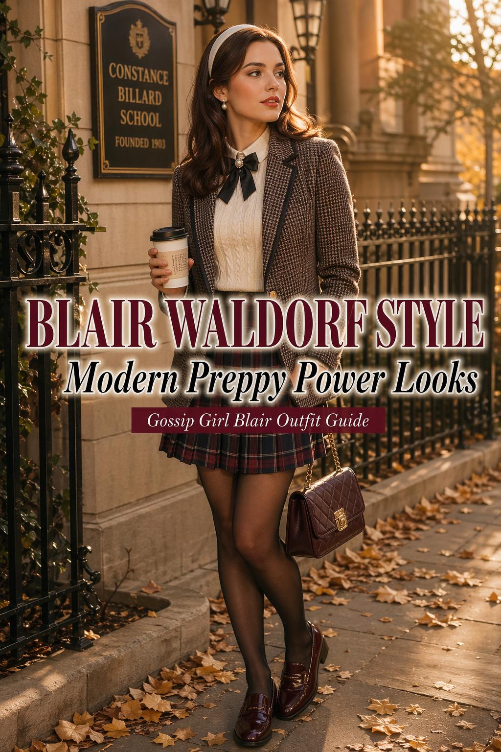 Blair Waldorf style fall outfit on a chic city street with tweed blazer, plaid skirt, headband, and pearls