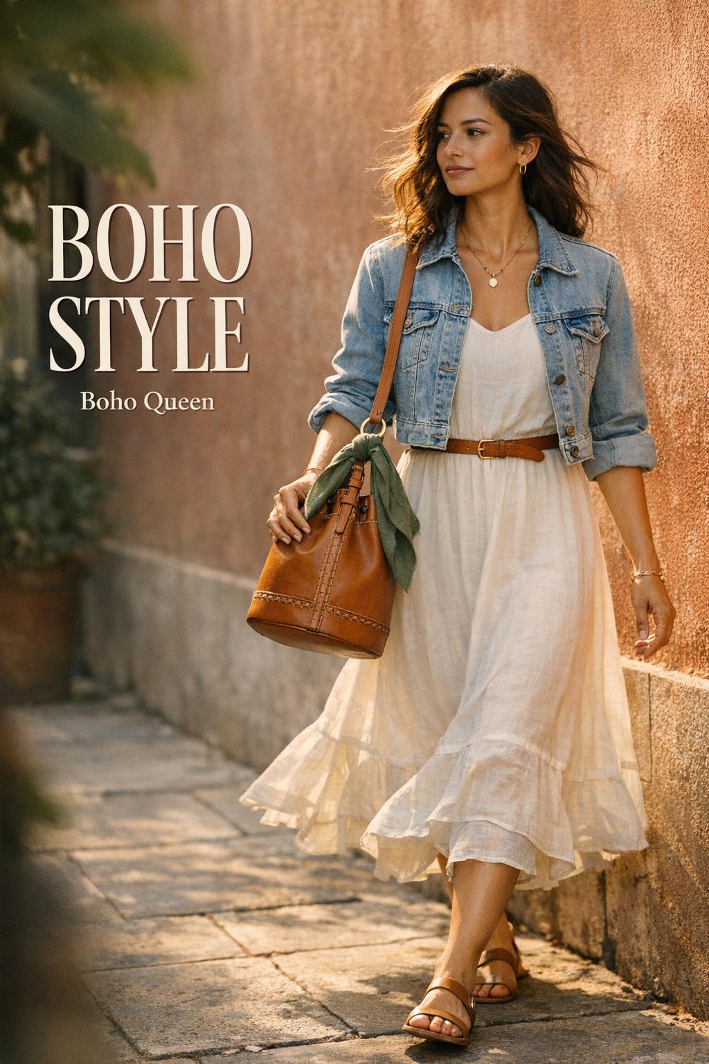 Boho style woman walking in city sun wearing slip maxi dress and denim jacket, holding a tan leather bucket bag