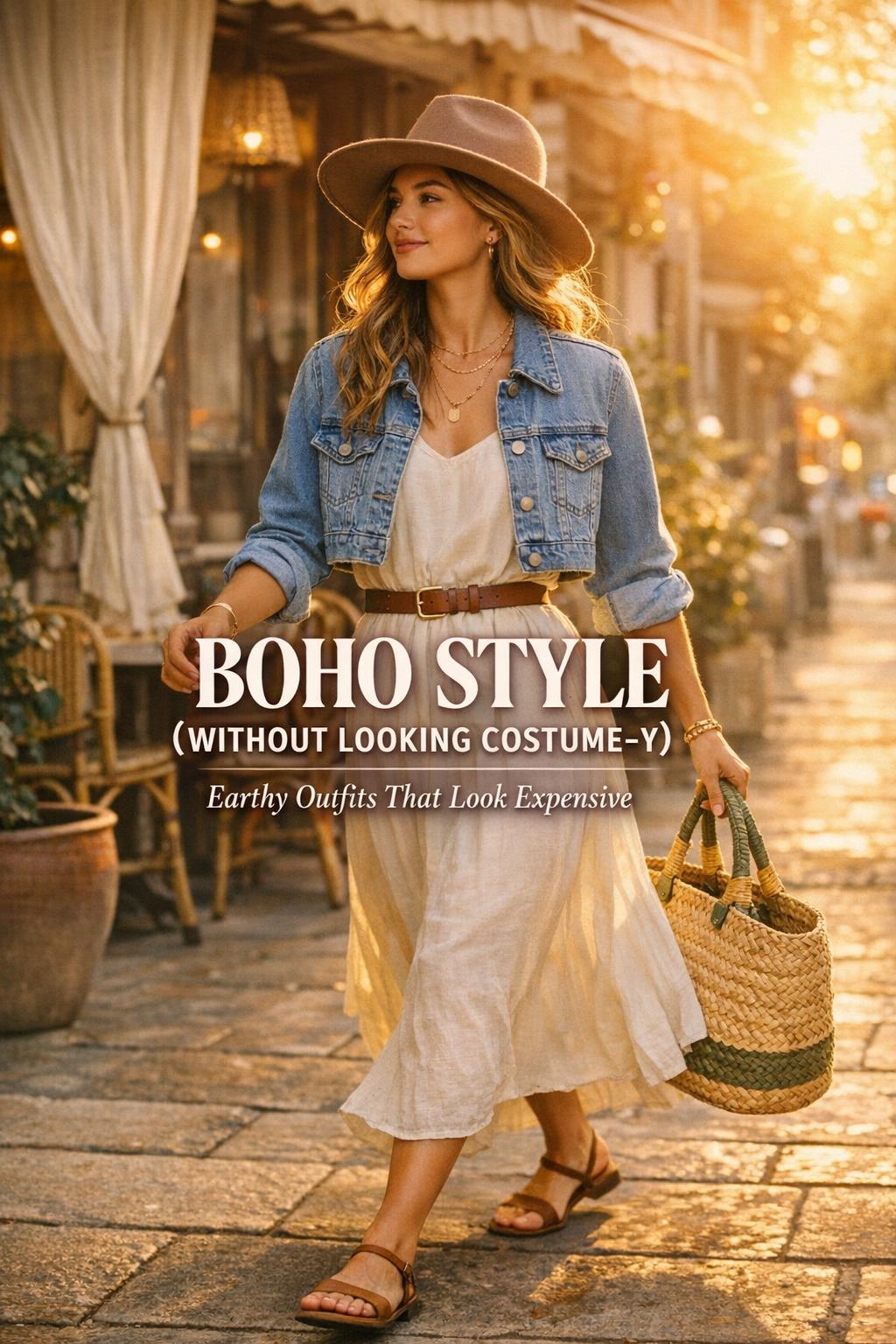 Boho style outfit on a city street with a woman in an off-white maxi dress, denim jacket, and wide-brim taupe hat