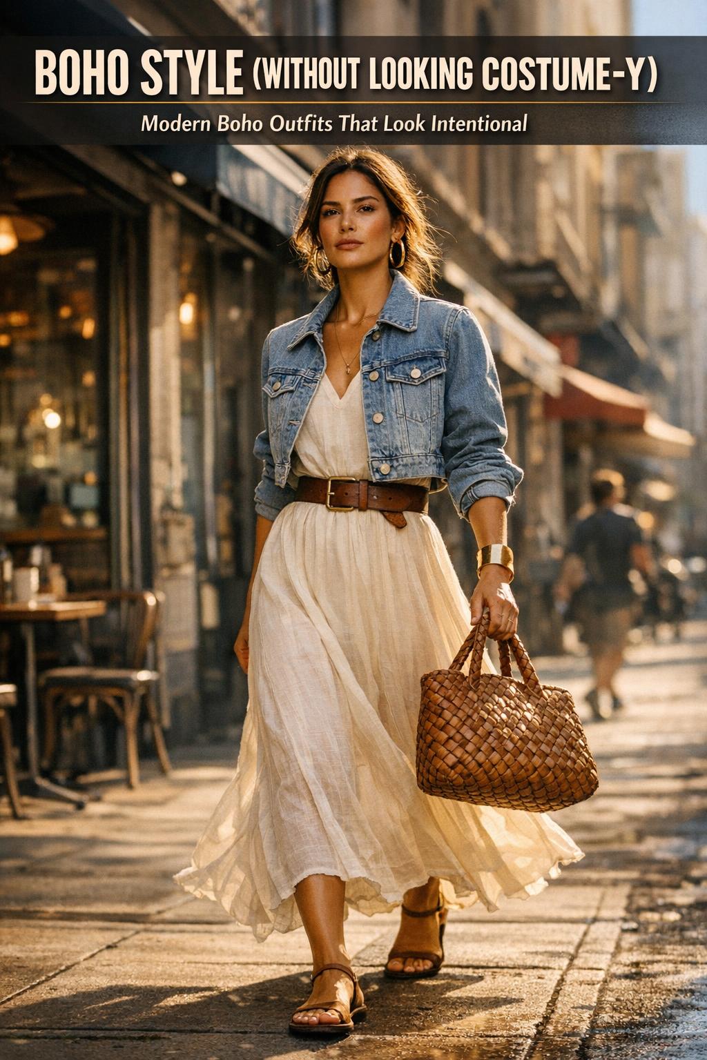 Boho style living room with woven rattan chair, macrame wall hanging, and neutral textiles in warm natural light