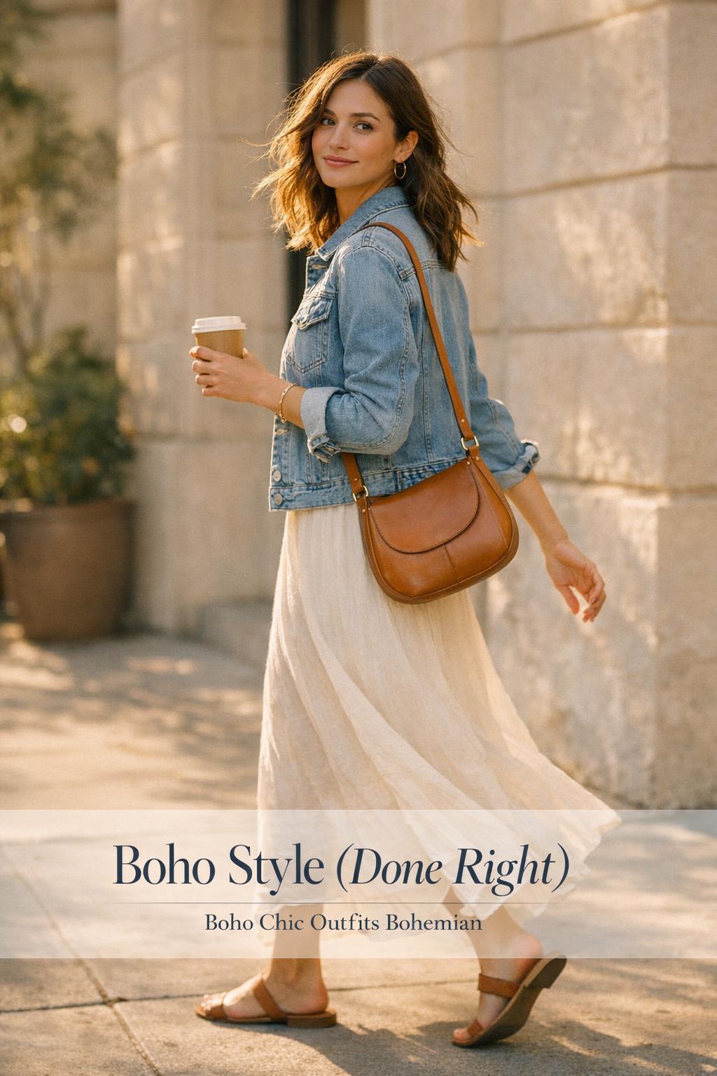 Boho style woman in slip maxi dress and denim jacket walking at golden hour with tan leather crossbody bag