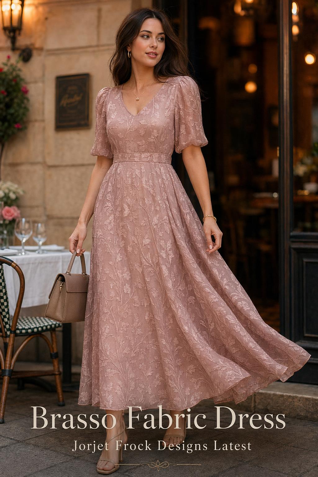 Stylish woman wearing a brasso fabric dress in a sunlit editorial fashion street scene