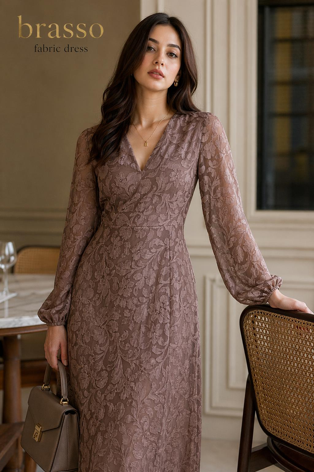 Sophisticated woman in a brasso fabric dress with sheer burnout texture in a luxury editorial interior
