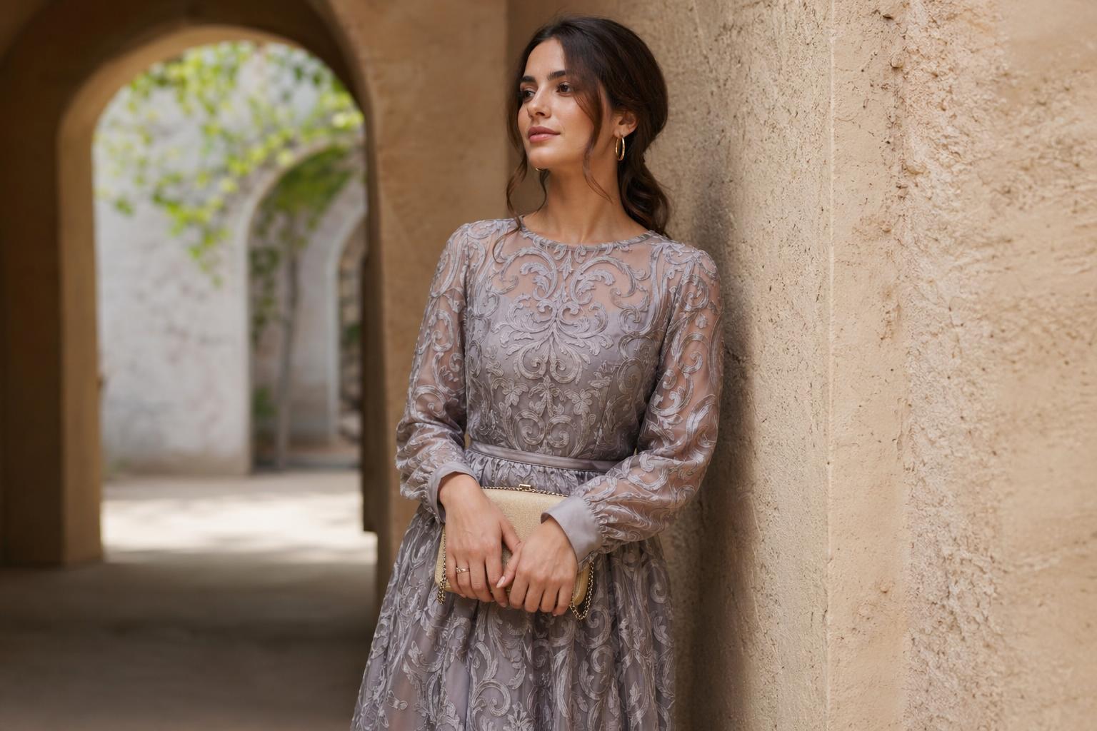 Brasso fabric dress with sheer burnout texture and elegant silhouette for festive event styling