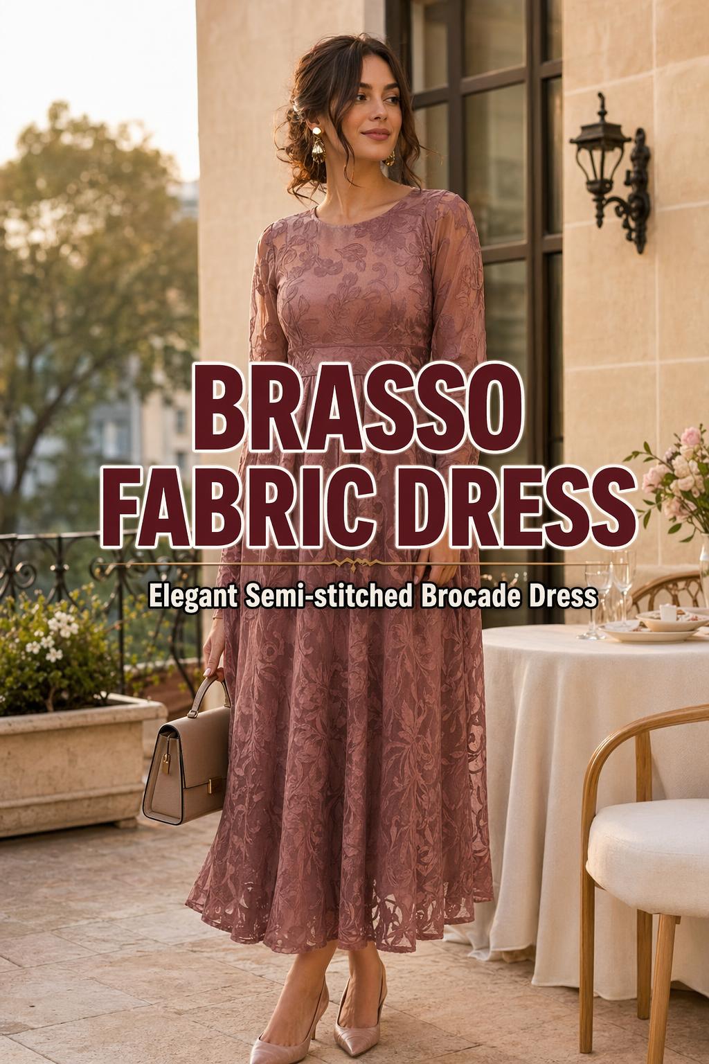 Elegant woman in a brasso fabric dress at golden hour, showcasing sheer burnout texture and refined styling