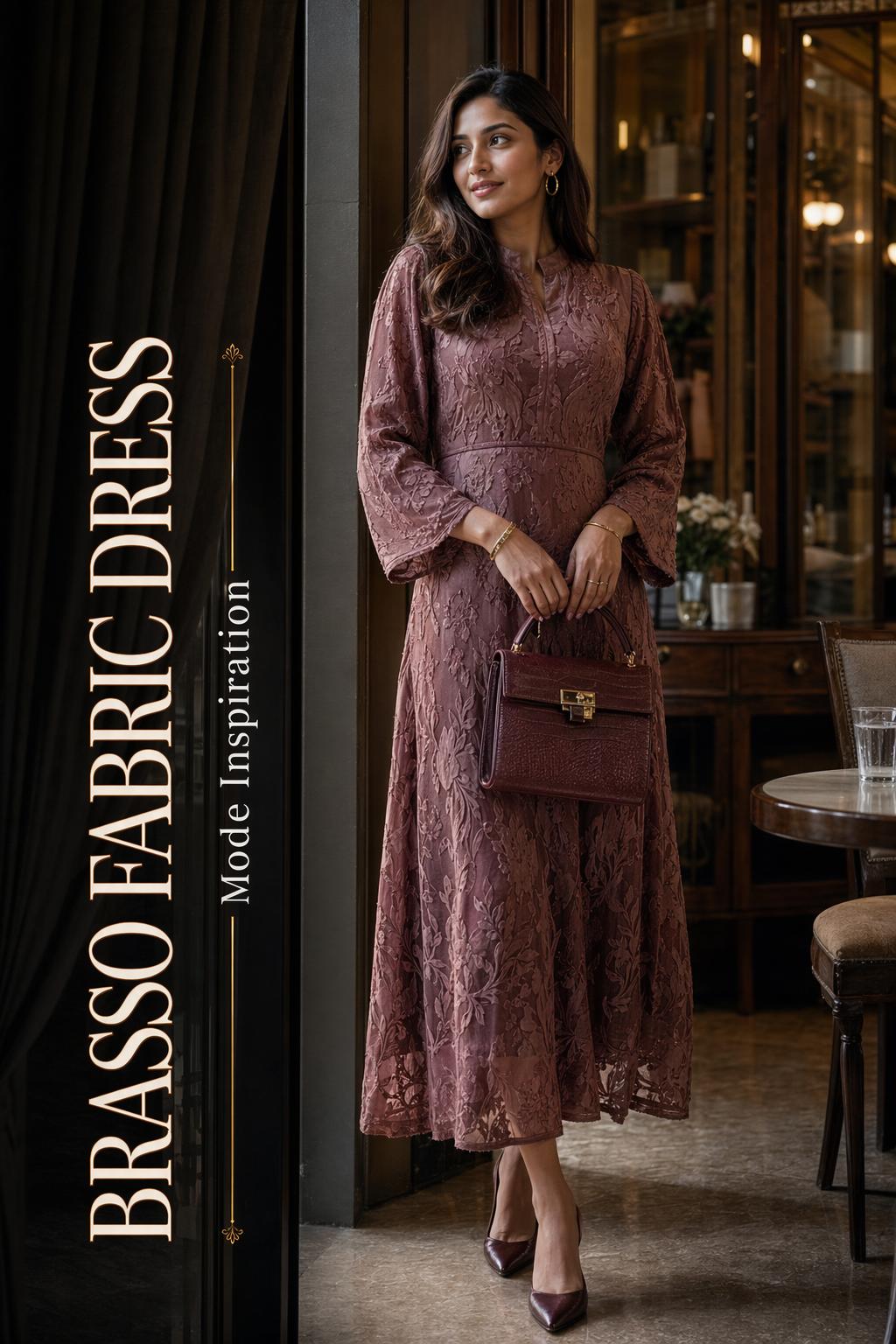 Elegant woman in a brasso fabric dress in a luxury editorial interior with cinematic light