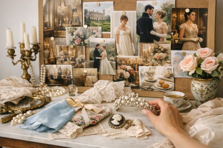 Bridgerton moodboard collage with Regency interiors, romantic gowns, florals, and gilded frames in soft pastel tones