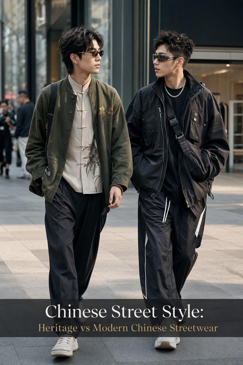Chinese street style fashion editorial with two East Asian models walking on a polished modern city sidewalk