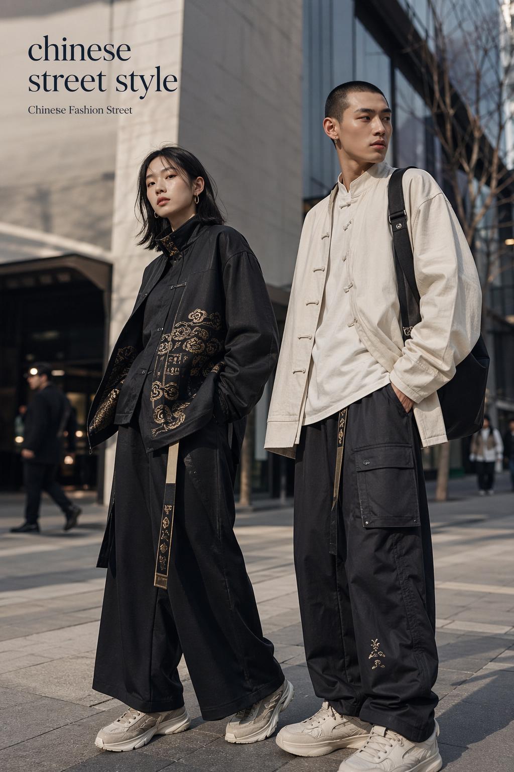 Chinese street style editorial fashion portrait on a polished city street with heritage and modern streetwear