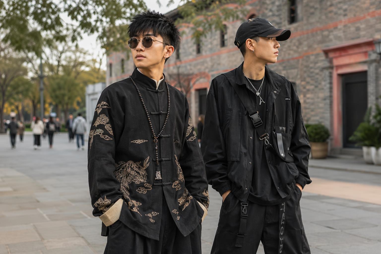 Chinese street style outfit blending heritage details with modern oversized layers in an urban city setting