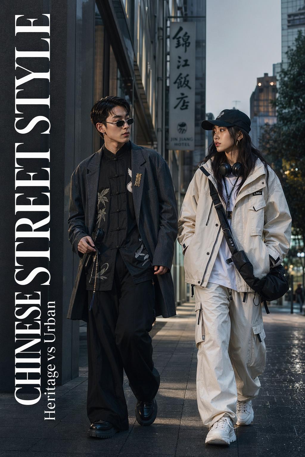 Chinese street style editorial with two East Asian models in heritage and urban fashion on a modern city street