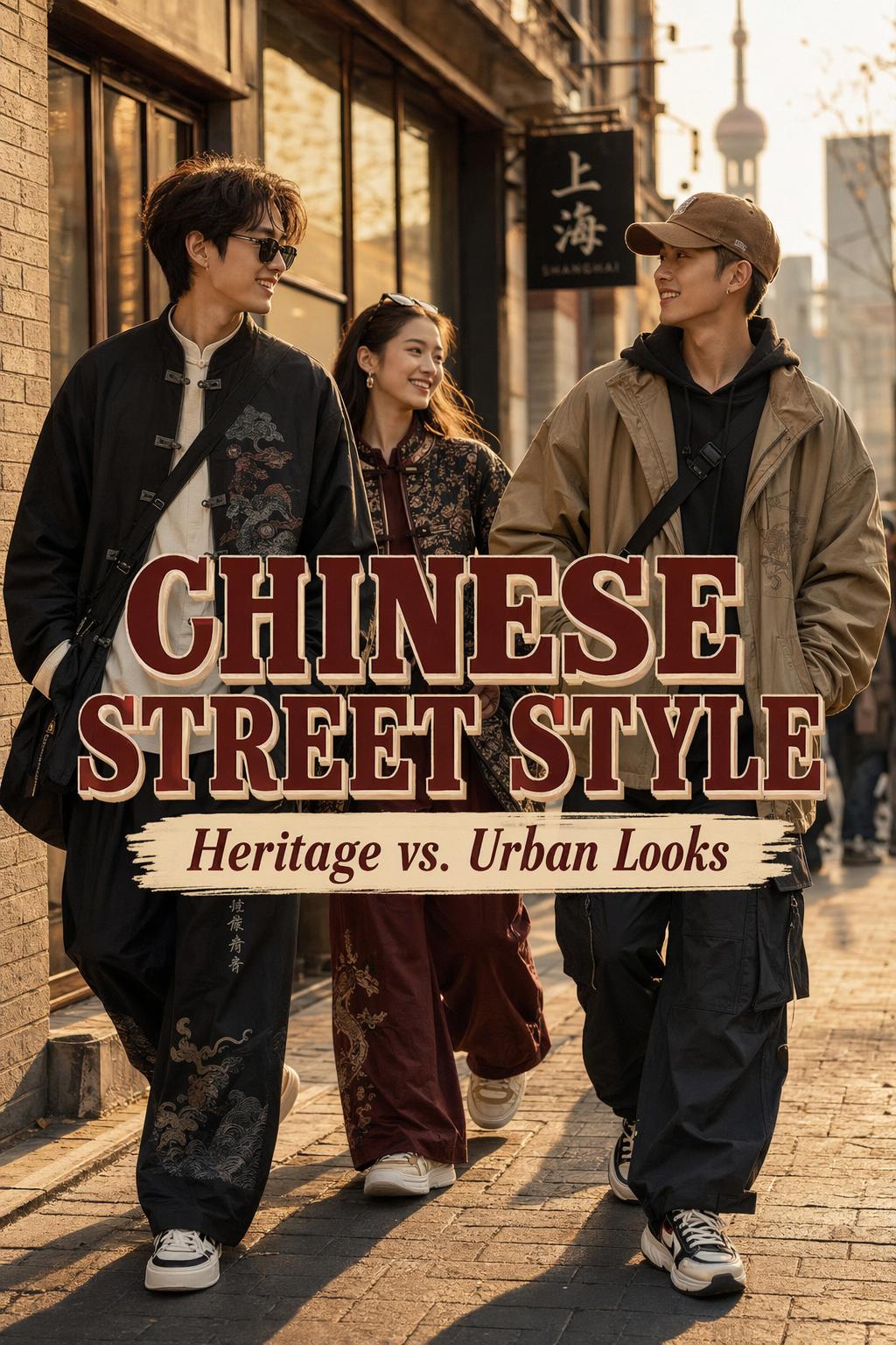 Chinese street style fashion at golden hour with stylish young adults in a warm urban editorial street scene