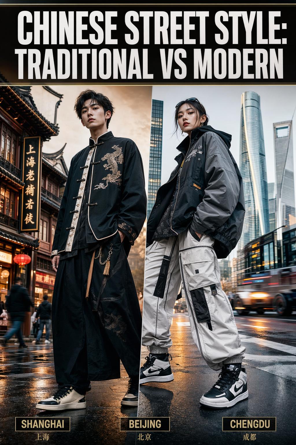Chinese street style fashion portrait in an urban city setting with modern layered clothing