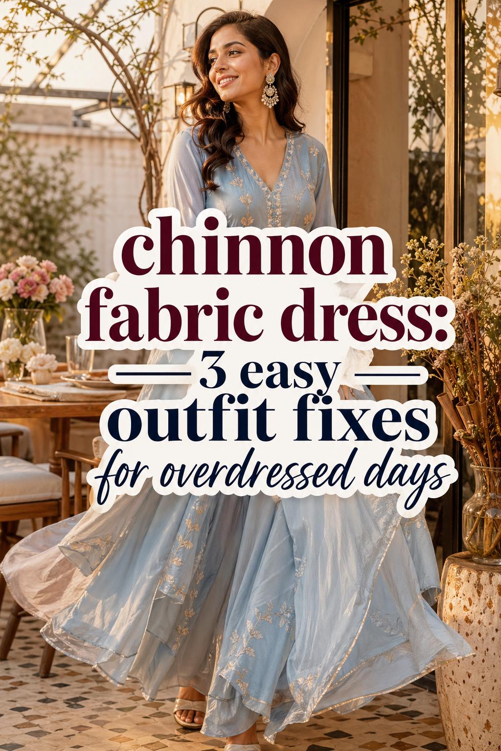 Woman in flowing chinnon fabric dress at golden-hour brunch with modern text overlay, airy festive South Asian elegance