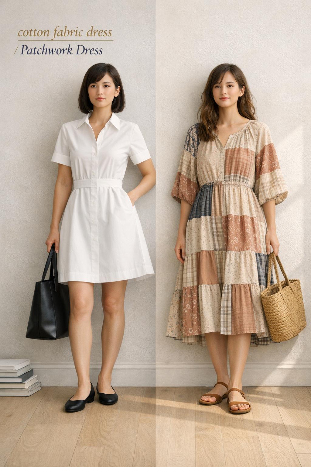 Cotton fabric dress diptych showing a crisp poplin shirt-dress and a neutral patchwork dress in a minimal studio.