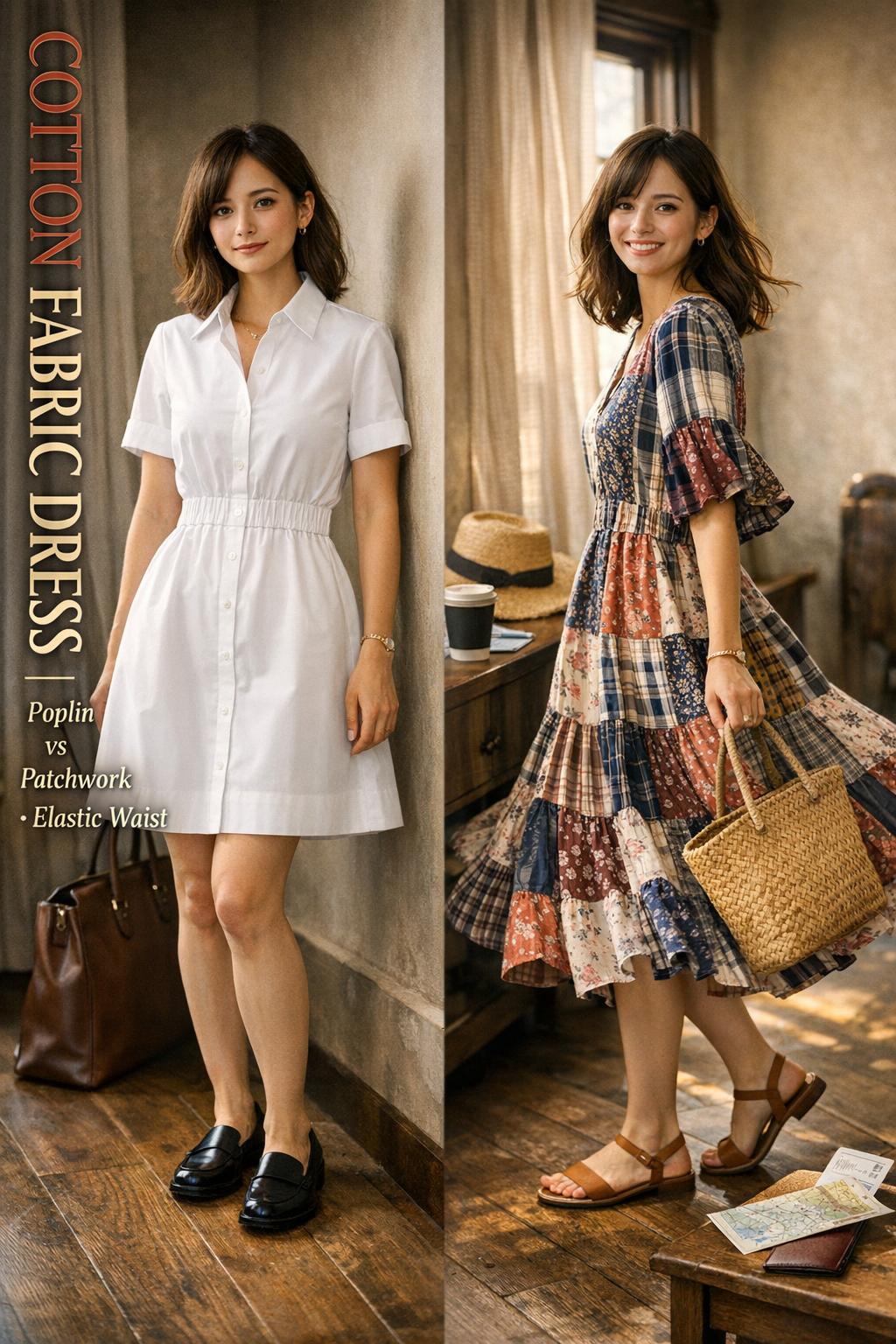 Petite woman in boutique wearing cotton fabric dress styles, poplin vs patchwork with elastic waist in cinematic window light