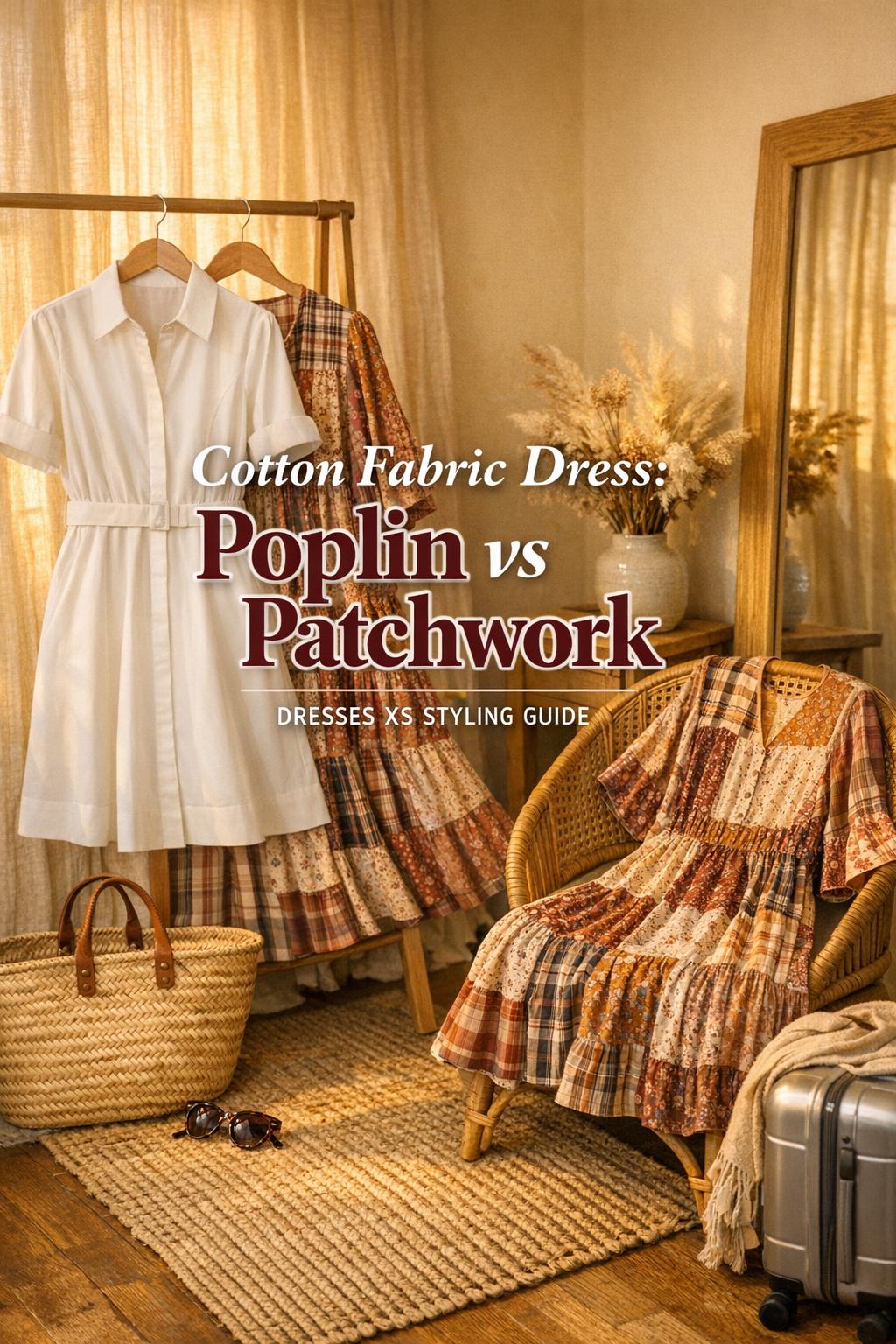Cotton fabric dress comparison: crisp poplin shirt-dress and bohemian patchwork dress on a rack in a warm entryway