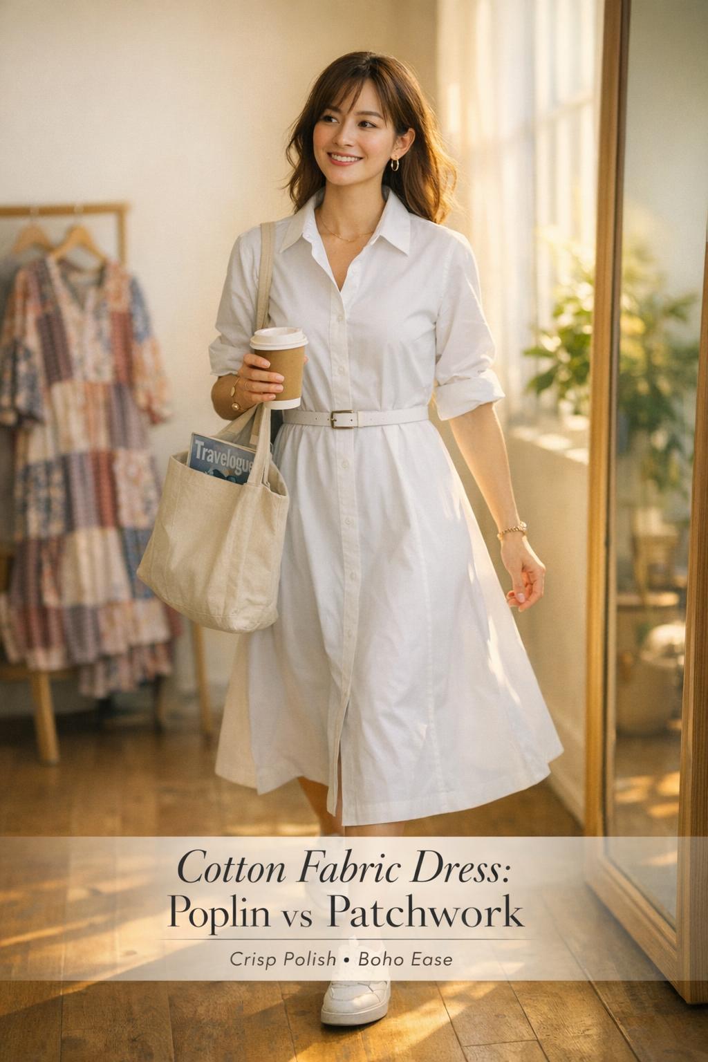 Cotton fabric dress comparison: woman in crisp poplin shirt dress with patchwork dress blurred behind in sunlit entryway