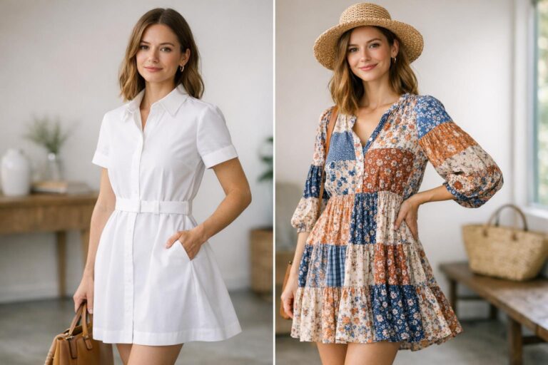 Cotton fabric dress in XS on model, comparing crisp poplin structure with relaxed patchwork and plaid details