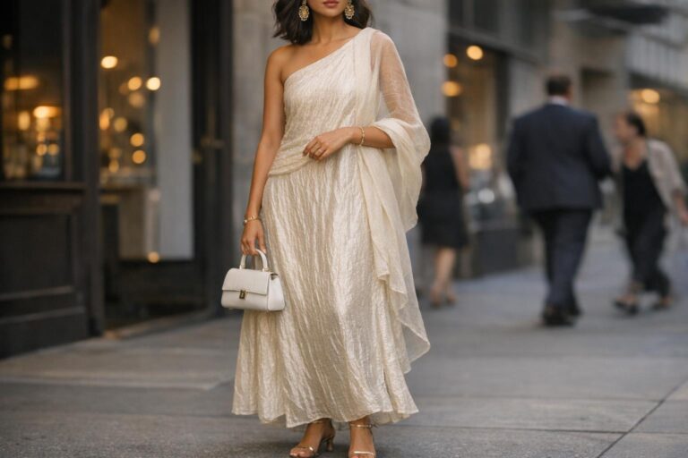 Crush fabric dress styled for a city night with gold accessories and minimal sandals, photographed in warm evening light