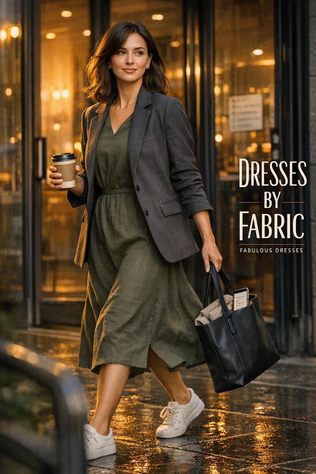 Dresses by fabric editorial photo of a woman commuting past a café lobby in golden hour light, holding coffee and tote