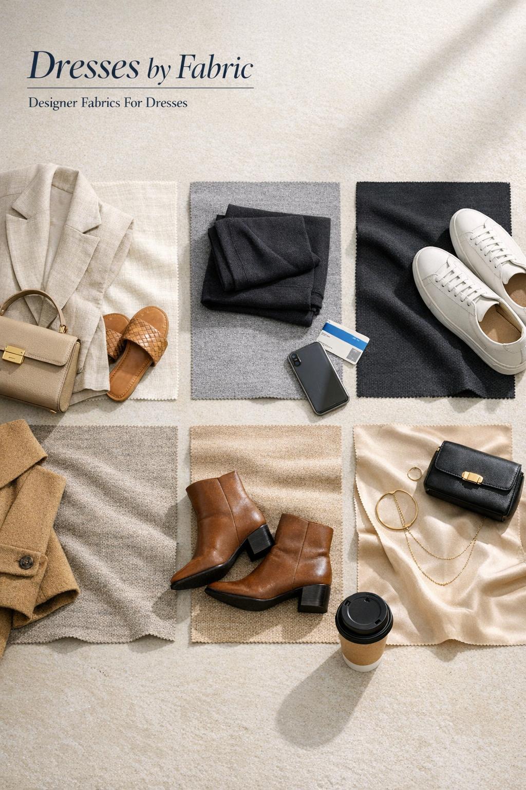 Dresses by fabric flat lay with five premium swatches, accessories, and editorial text in a bright modern entryway