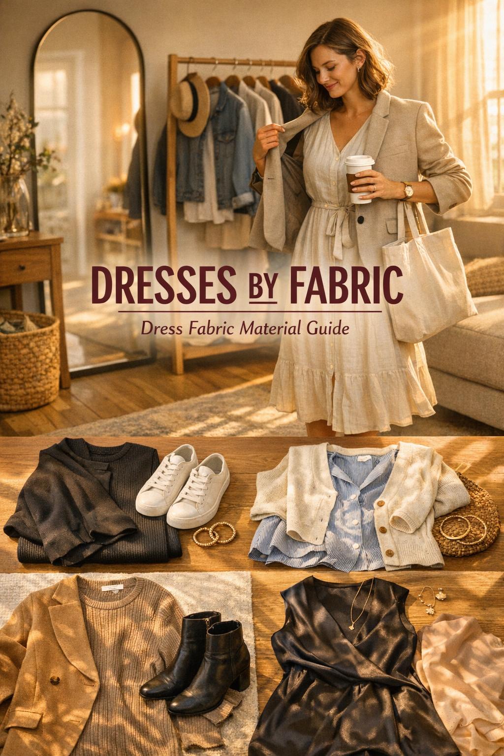 Dresses by fabric guide photo of a woman layering a blazer in a sunlit entryway with fabric swatches and dress outfits