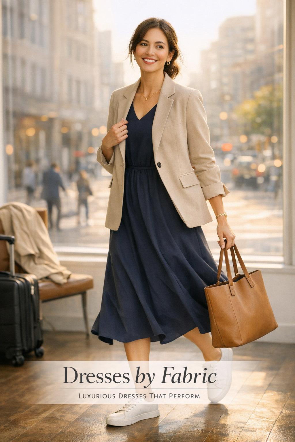 Dresses by fabric editorial photo of a stylish woman in midi dress and blazer walking by a bright city apartment window