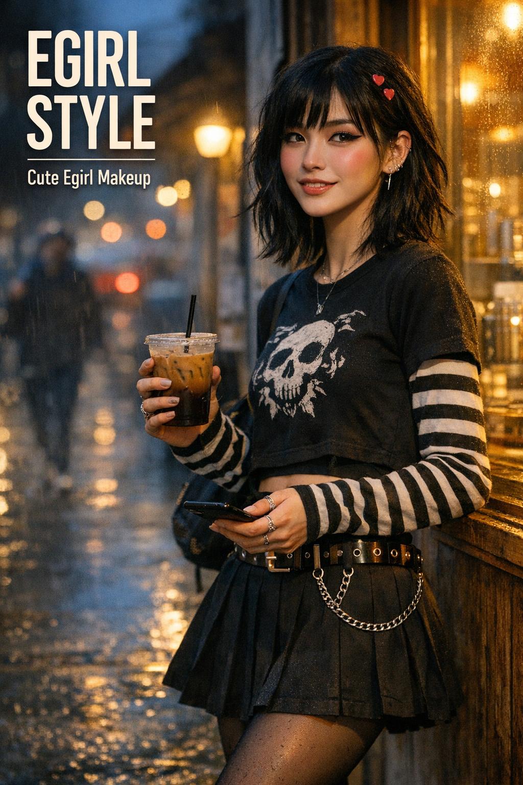 Egirl style coffee run at dusk outside a cozy cafe, young woman in striped sleeves and pleated skirt holding iced coffee