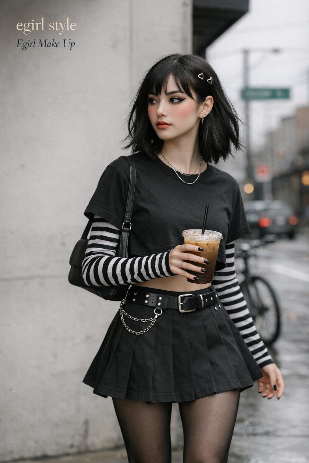 egirl style street photo of a young woman holding iced coffee outside a concrete storefront on an overcast day