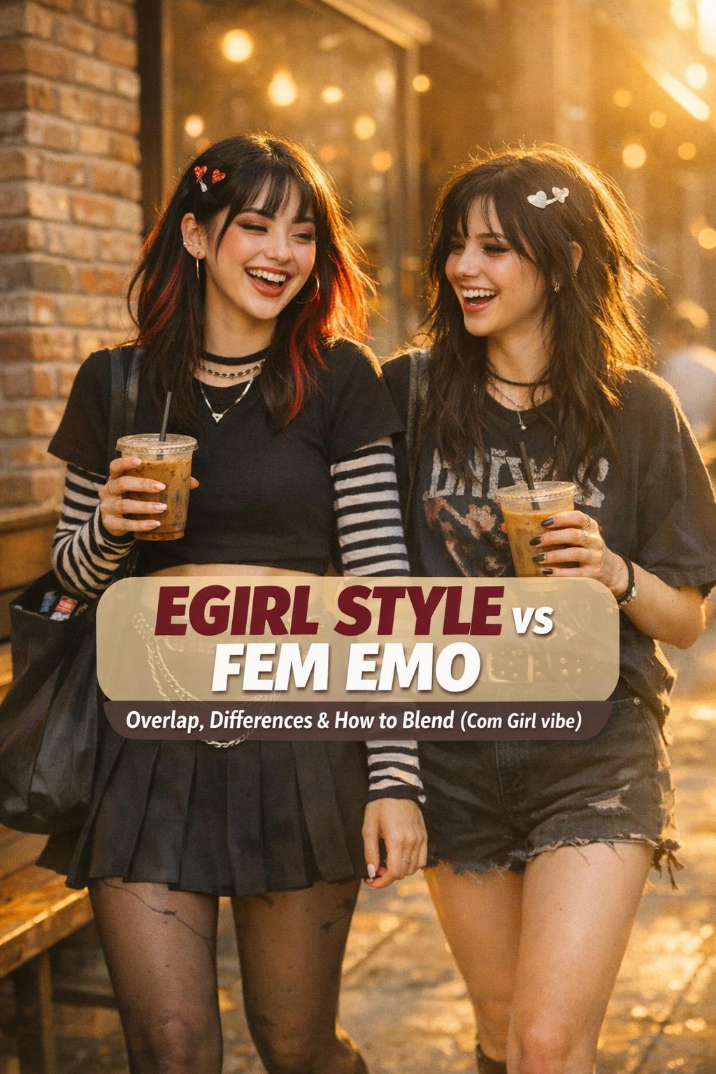 Egirl style vs fem emo outfits on two young women laughing with iced coffee outside a cozy cafe at golden hour