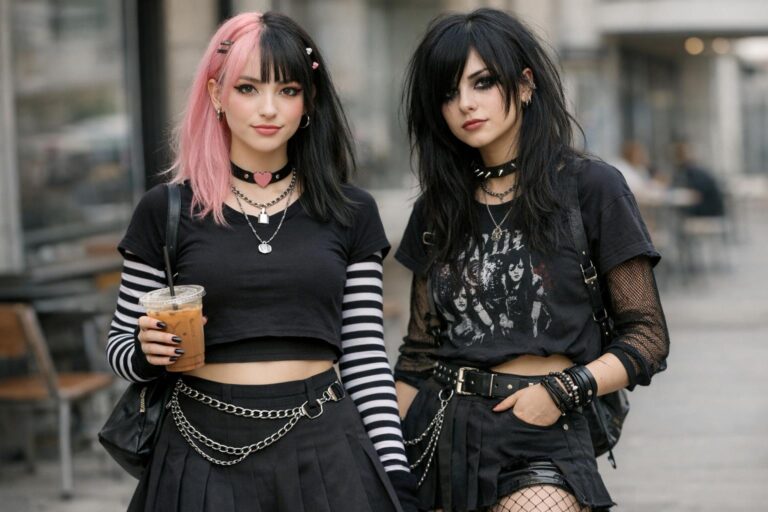 Egirl style outfit with black skirt, striped layers, platform boots, and bold eyeliner for a dark-cute streetwear look