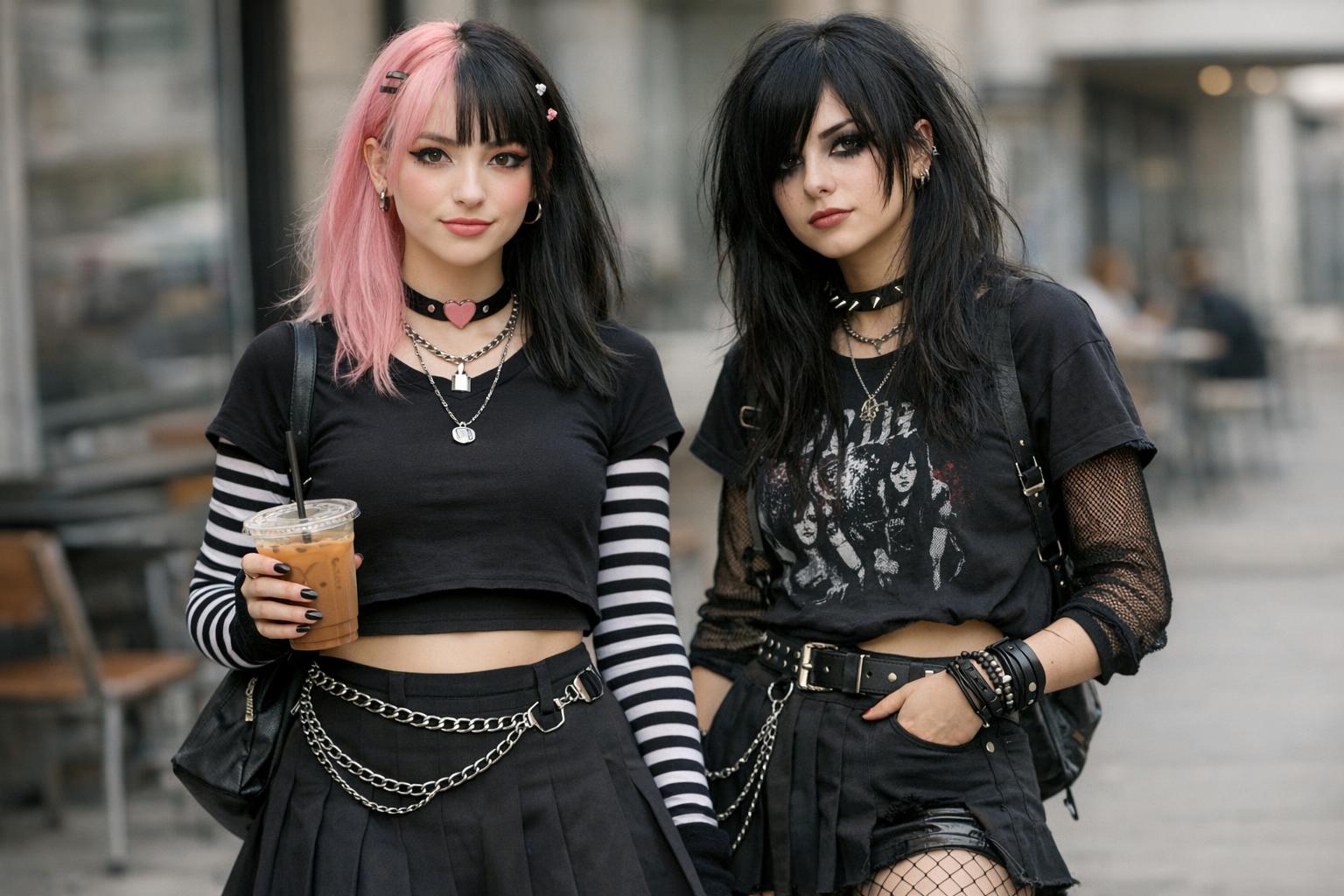 Egirl style outfit with black skirt, striped layers, platform boots, and bold eyeliner for a dark-cute streetwear look