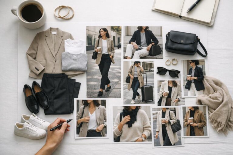 Fashion moodboard ideas with polished city outfits in neutral tones, featuring blazer, trousers, and walkable shoes