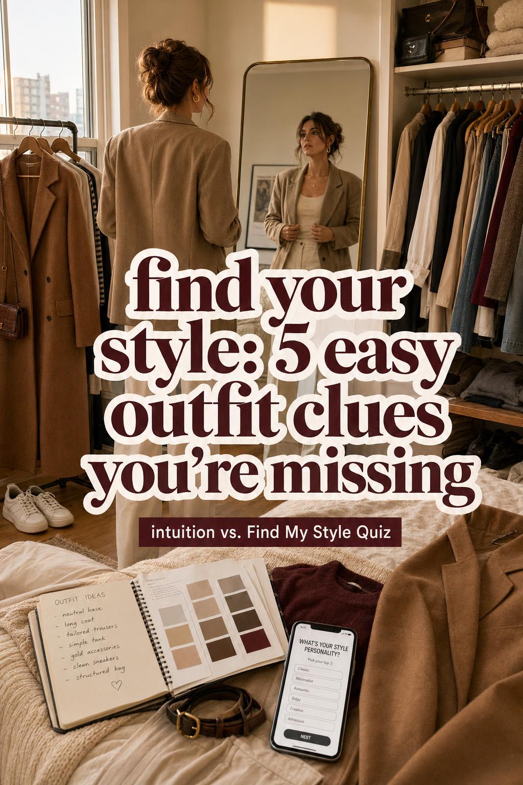 find your style bedroom wardrobe scene with woman comparing outfits in mirror, golden-hour light, style quiz phone and notes