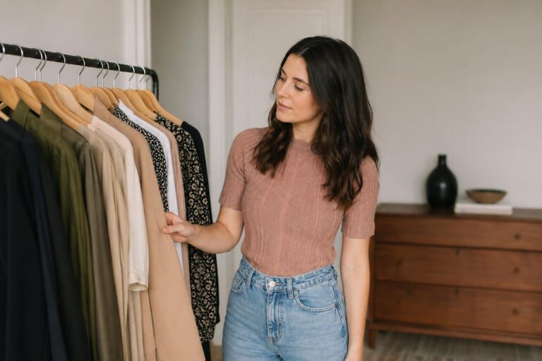 Find your style with a curated wardrobe flat lay showing neutral basics, accessories, and a style quiz notebook on a desk