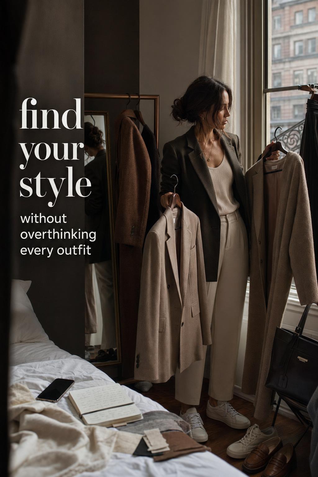 Woman in city apartment comparing outfits by window to find your style, with blazer, coat, trousers, and style notes
