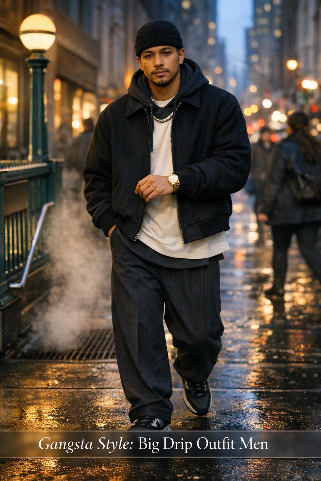 Gangsta style streetwear outfit for men on a downtown sidewalk near a subway entrance at blue hour, walking in motion