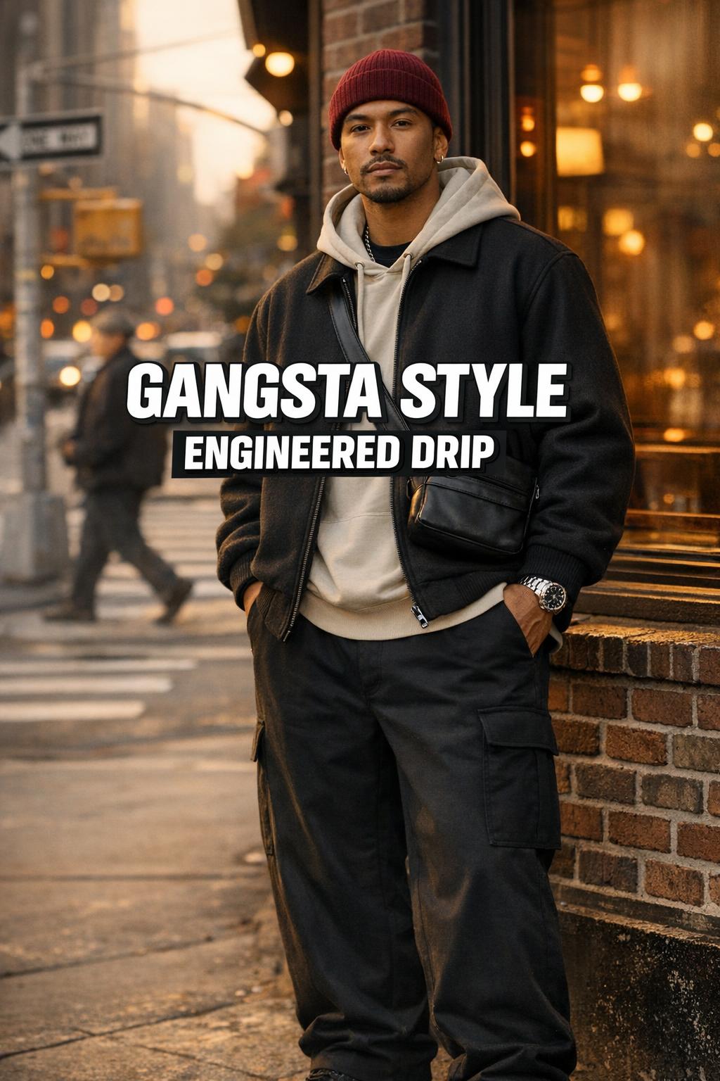 Gangsta style engineered drip streetwear outfit on a warm golden-hour city sidewalk near a cafe window